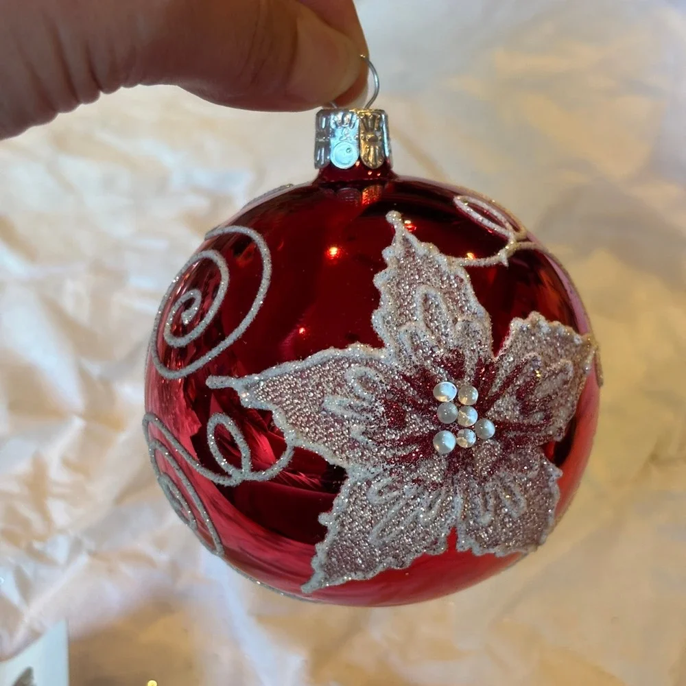 The Golden Bell Collection Glass Red White Poinsettia Ornament Hand Painted